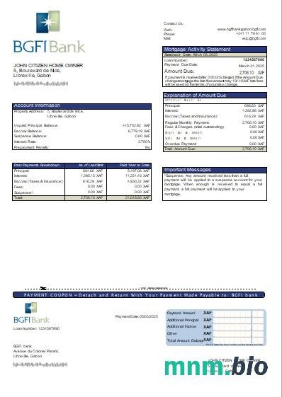 Gabon Bank BGFI wyciąg z kredytu hipotecznego szablon Word i PDF